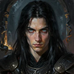 a highly detailed close - up portrait painting of a arcanist warrior with piercing eyes and black hair standing in dark tomb setting, dynamic lighting, ambient lighting, deviantart, art by artgerm and karol bak and mark brooks