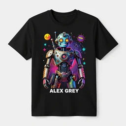 mockup of a black tshirt with a hyperdetailed portrait of a steampunk robot by alex grey, 8 k, symetrical, flourescent colors, happy trippy mood, multicolored,