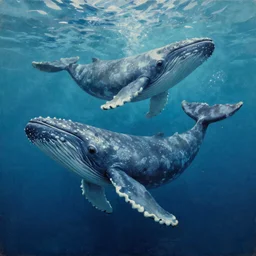 An ultra high-resolution 8K full-canvas scan of a contemporary oil painting of underwater whales, fine art, trending, featured, 8k, photorealistic, dynamic, energetic, lively perspective, well-designed masterpiece, hyper detailed, unreal engine 5, IMAX quality, cinematic, epic lighting, light and shadow, ocean caustics, digital painting overlaid with aizome patterns, by Ohara Koson and Thomas Kinkade, traditional Japanese colors, superior quality