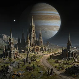 unreal engine hyperreallistic render 8k highly detailed 4K fantasy matte painting of a settlement on jupiter moon ganymede at night jupiter in background