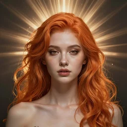 a symmetrical portrait of a beautiful orange - haired woman, face and shoulders, concept art, intricate, aesthetic!!!!!, god rays, dramatic, ultra detailed