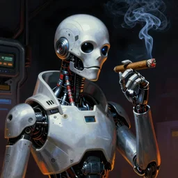 An android smoking a single cigar in a cyberpunk setting, by Frank Frazetta, dramatic lighting, high contrast colours, as trending on Artstation, highly detailed,