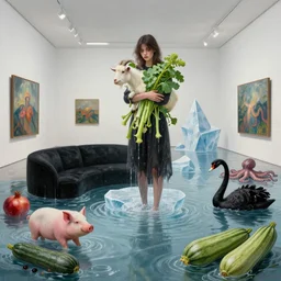 dripping, painting of a flooded modern art gallery and a tall emo girl holding a goat, wasabi plants, art gallery interior, pig, courgette, waterfall, black lounge, sensual, organic, icebergs, pomegranates, octopus, zen, black swans, courgettes, berries, surrealist, by magritte and monet