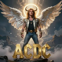 a heavenly angus young from ac/dc with a halo surrounded by angels