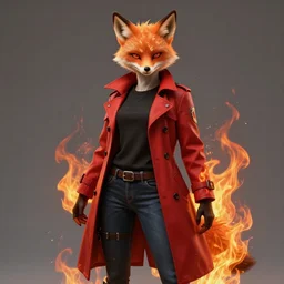 a female anthropomorphic humanoid fox with fire powers dressed in a red trench coat, black t - shirt, and jeans in the style of metal gear rising trending on artstation deviantart pinterest furaffinity detailed realistic hd 8 k high resolution
