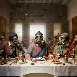 the last supper in gas masks, hyperrealistic, cozy, volumetric golden dappled dynamic lighting, highly detailed, sharp focus, elegant, by michael komarck, greg rutkowski, victo ngai, artgerm, willem claesz heda and j. dicken