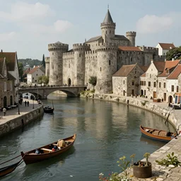 medieval city harbor in style of marc simoett