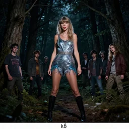 trail cam footage of taylor swift in the forest at night, horror movie, dark, art by lois van baarle and loish and ross tran and rossdraws and sam yang and samdoesarts and artgerm and saruei and disney, digital art, highly detailed, intricate, sharp focus, trending on artstation hq, deviantart, unreal engine 5, 4 k uhd image
