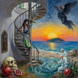 painting of a flooded spanish art gallery in marbella beach, a spiral staircase, death, a tall emo girl, holding a courgette, sunrise, skull, rocks by the sea, island, surgeon, pomegranates, a dark angel, a whirlpool, swirls, zen, surrealist, by magritte and monet