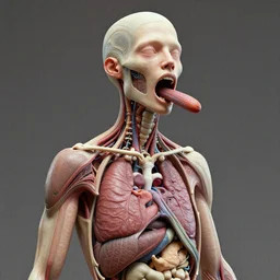 3 d render, portrait of human where all organs of human body goes out of the mouth, art nouveau, cyberpunk, grainy image