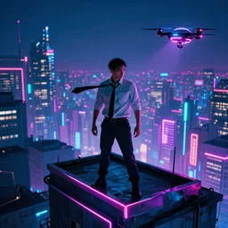neon city, cyberpunk, man standing on the roof, wing swings his tie, drone view