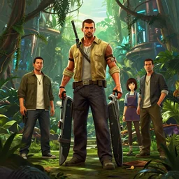 photo post futurist jungle : 4, character : - 3, 4 k rtx hdr volume light concept studio matte painting environement digital illustration style gta 5 art that looks like it is from borderlands and by feng zhu and loish and laurie greasley, victo ngai, andreas rocha, john harris by jesper ejsing, by rhads, makoto shinkai and lois