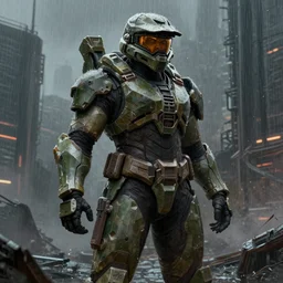 character portrait of a big bulky female warrior in halo spartan armor in a desolate cyberpunk wasteland city, 8 k, realistic shading, concept art, digital painting, illustration, matte painting, moody lighting, sharp focus, minimal artifacts, wet, heavy rain, rainstorm, john singer sargent, william - adolphe bouguereau