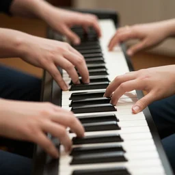 four hands playing a piano