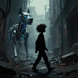 a dynamic long shot portrait of the silhouette of a black boy with an afro walking through a post apocalyptic alley with a large cybernetic dog with neon diodes, by simon stalenhag, dark and ominous, digital illustration, behance, rendered in unreal engine 5, rim lighting, ray tracing, 8 k, hd