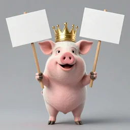 studio photograph of a pig wearing a gold crown depicted as a muppet holding a protest sign