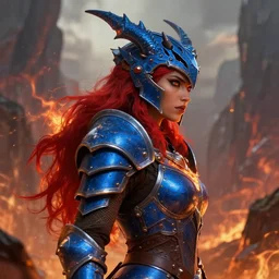 sideview of a dnd dragonhunter in the thunderous mountains, female, draconic blue armor, red hair, dragon helmet, pretty, fire, brown skin, high fantasy, detailed face, highly detailed, sharp focus, smooth, digital illustration, by clyde caldwell