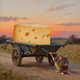mouse pulling a two wheeled cart with a large piece of cheese on it at sunset, detailed oil painted, digital art