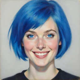 a beautiful painting of a smiling woman with stylish short blue hair and sparkling blue eyes representative of the art style of artgerm and wlop and peter mohrbacher, portrait