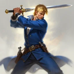 a man with blonde hair in a blue suit wielding a large sword and a gun in a holster, fantasy, digital painting, volumetric light, intricate, sharp, focus, bloom, illustration, highly detailed, concept art, matte, ruan jia, randy vargas, greg rutkowski