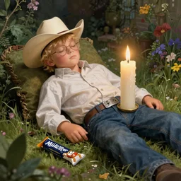 funny photo of milkybar kid blonde man with cowboy hat and glasses asleep in the garden, with a large candle sticking out of his bum