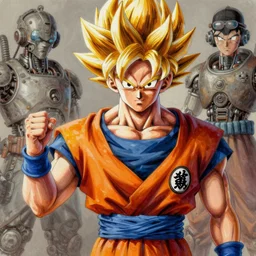 semi reallistic gouache gesture painting, by yoshitaka amano, by ruan jia, by Conrad roset, by dofus online artists, detailed anime 3d render of goku super sayian,goku,   portrait, cgsociety, artstation, rococo mechanical, Digital reality, sf5 ink style, dieselpunk atmosphere, gesture  drawn