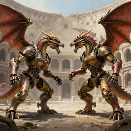 pair of robot steampunk dragons fighting each other in a high - tech roman colosseum, ultrafine detailed painting by muggur, deviantart contest winner, sci - fi art, high detailed, detailed painting