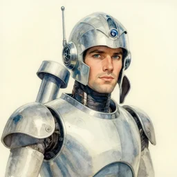 vintage cinematic watercolor by bruce pennington, portrait of a robot warrior by francois schuiten, by dean cornwell, by yoshitaka amano, 7 0 s sci - fi art book cover, craig russel art, japanese woodblock, intricate background details by henri - edmond cross, greg rutkowski