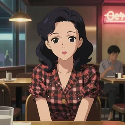 portrait of beautiful girl with dark hair dressed in 1940's style, sitting in cafe alone, nighttime, low-key neon lighting, 4k, HQ, official media, anime key visual, makoto shinkai, ilya kuvshinov, lois van baarle, rossdraws, detailed, trending on artstation