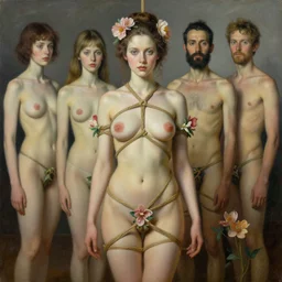 pop surrealism, lowbrow art, realistic seductive cute woman painting, body harness, japanese shibari with flowers, hyper realism, muted colours, rococo, natalie shau, loreta lux, tom bagshaw, mark ryden, trevor brown style,