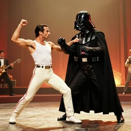 still from the bohemian rhapsody music video featuring freddie mercury fighting darth vader, epic