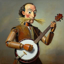 painting of a country bumpkin robot playing a banjo, straw in his mouth, style of salvador dali, high detail, hyper realistic, 8 k