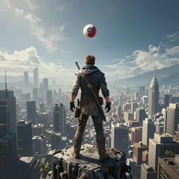 the traveler in destiny 2 but it's a ping pong ball floating in the sky over a large city digital art 3 d 4 k wallpaper cover art destiny 2 fanart cinematic