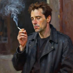 expressive detailed impressionistic oil painting of film still of steve buscemi smoking a cigarette in blade runner, 4 k