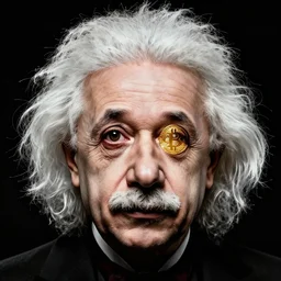 bitcoin logo as eyes, cell shaded front face head shot of einstein with overlaid bitcoin in his eyes, concept art, llustration, concept art by josan gonzales and wlop, by james jean, victo ngai, david rubin, mike mignola, laurie greasley, highly detailed, sharp focus, logo trending on artstation, hq, deviantart, art by artgem