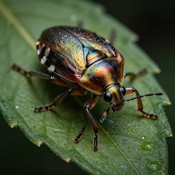 a close up view of a bug on a leaf, a macro photograph, featured on cg society, macro lens, ultra detailed, macro photography, atmospheric lighting, intricate, volumetric lighting, beautiful, sharp focus, in the art style of marc simonetti, bowater charlie and brom gerald, astrophotography