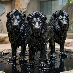 the pack of smooth black lions, made of smooth black goo, in the zoo exhibit, viscous, sticky, full of black goo, covered with black goo, splattered black goo, dripping black goo, dripping goo, splattered goo, sticky black goo. photography, dslr, reflections, black goo, zoo, exhibit