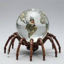 a glass globe walking on mechanical spider legs, many rusty joints, a gnome peeking out, dnd,