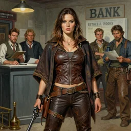 outlaw survivalist woman dressed in poncho and leather clothes, holding gun, robbing bank, pulp book cover character art, portrait. highly detailed painted artwork by robert k. abbett, harry bennett, ernest chiriacka, mitchell hooks, robert mcginnis