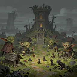 goblin village. matte painting by brian despain.