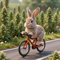 rabbit cycling on lsd road, in marijuanas gardens, soft surface texture, very realistic 3 d render, soft sun lights, 4 k, high detailed photography result, 5 0 mm lens, rich deep colors, smooth gradients, depth of field, cinematic, hyper realism, high detail, octane render, unreal engine, 8 k, vibrant colors