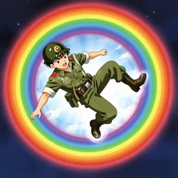 young soldier falling into a rainbow vortex, anime style, my hero academic art style, 4 k