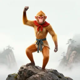the legendary monkey king wu-kong stands on a rock in a mountain striking an action pose and wearing his armor, surrounded by light gold clouds in the sky