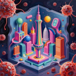 an extremely high quality hd surrealism painting of a 3d perspective neon complimentary-colors cartoon surrealism melting optical illusion sculpture gallery zaha hadid biological anatomical city by a much more skilled version of kandinskypicasso and salvia dali the fourth, salvador dali's much much much much more talented painter cousin, 8k, ultra realistic, very realistic, blood cells