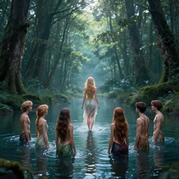 forest nymph rising from the water. view from behind, wide angle view, back view. nuri iyem, james gurney, james jean, greg rutkowski, anato finnstark, davinci, emma watson, gigachad. trending on artstation, starlight, and enchanted dreams. instagram photo shoot, sigma 3 5 mm, award winning photography