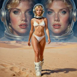 a mixed media painting of a beautiful blonde woman walking on a desert planet, elegant, aesthetic!!! symmetrical face and eyes, piercing gaze, eighties pinup style, photorealistic, curvy, model, 6 0's glass helmet and futuristic white bikini and moon boots, epic sci - fi character art, full length, by frank frazetta, donato giancola, boris vallejo, beeple, greg rutkowski, christian macnevin, high fantasy, prometheus, cgsociety, exquisite detail, post - processing, masterpiece, cinematic