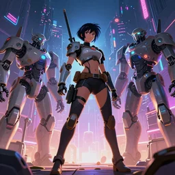wide angle shot, android steampunk femal warrior, scifi robots, neon lights, james gurney, katsuhiro otomo, james paick, cinematic lighting, artstation, vibrant nature, anime style, Craig Mullins, Greg Rutkowski, Pete Morbacher, Tuomas Korpi, tekkon kinreet, volumetric light, artstation, , octane render, redshift render, low angle camera ~w 1024