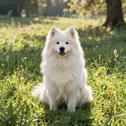 a samoyed dog sitting in the middle of sunny meadow, colored, by Gil Kane