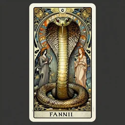 tarot card featuring giant cobra, art nouveau, dark fantasy! ultradetail, art and illustration by tian zi, craig mullins, ayami kojima, wlop and alphonse mucha, intricate complexity, fantasy concept, hyperrealism 8 k