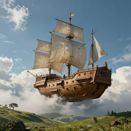 a large wooden fantasy sky - ship flying through the clouds blue sky grassy hills, andreas rocha style